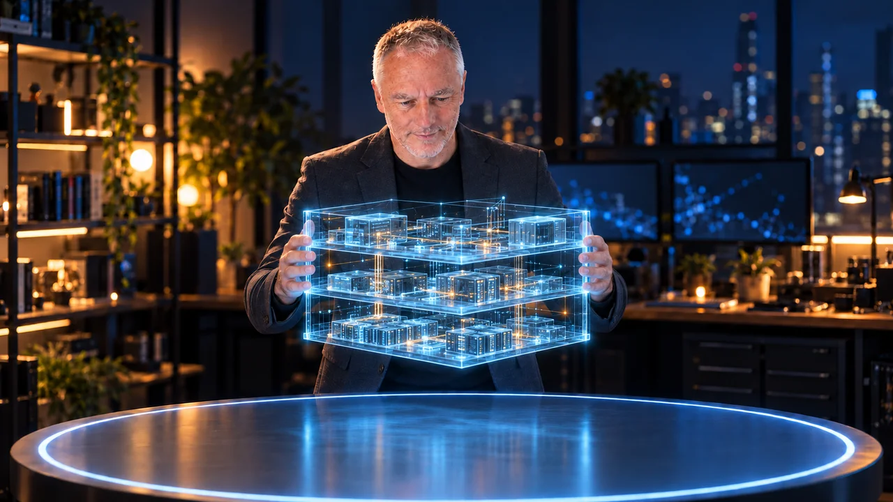 Pete holding a luminous three-layer system by both of its side edges.