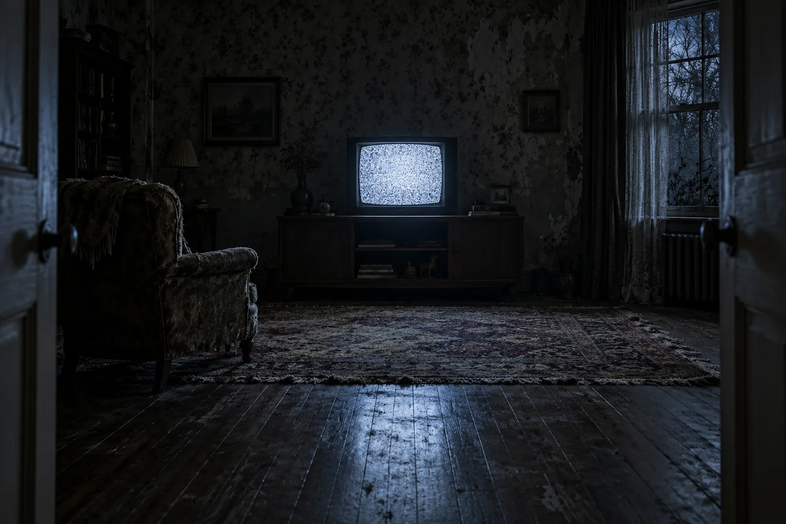 Through a pane of glass, a dark, run-down living room at night, lit only by an old television showing static.
