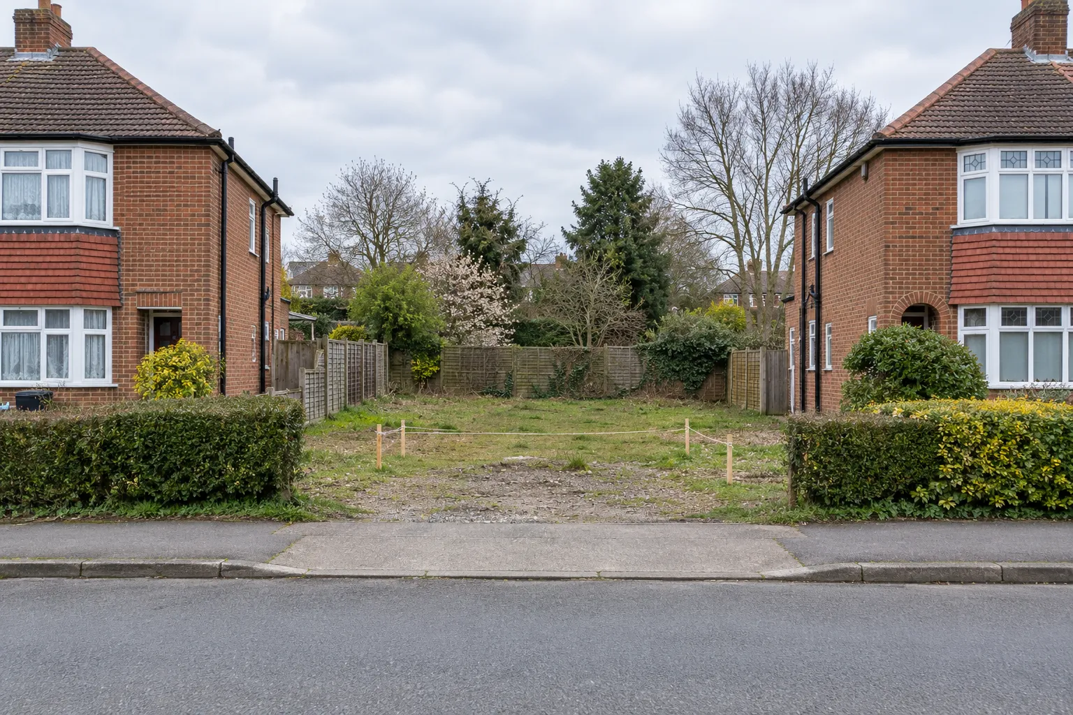 An empty building plot between two brick semi-detached houses, pegged out with a string line.