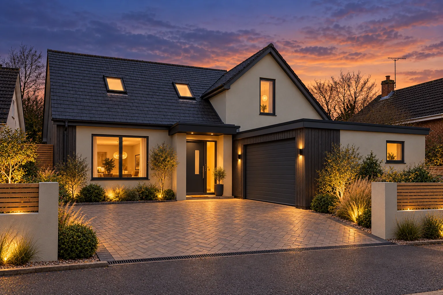 A visualisation of the finished house: a slate roof, rendered walls, timber cladding and full-height glazing.