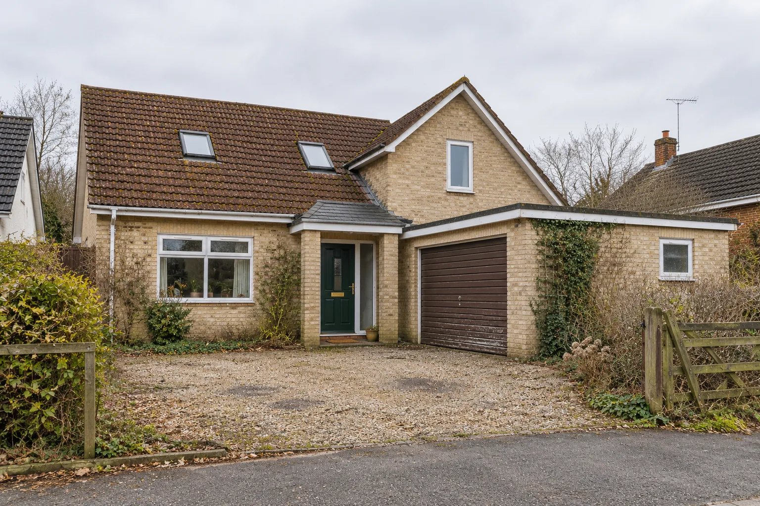 A tired brick chalet as found: a tiled roof, a brick gable and a white garage door.