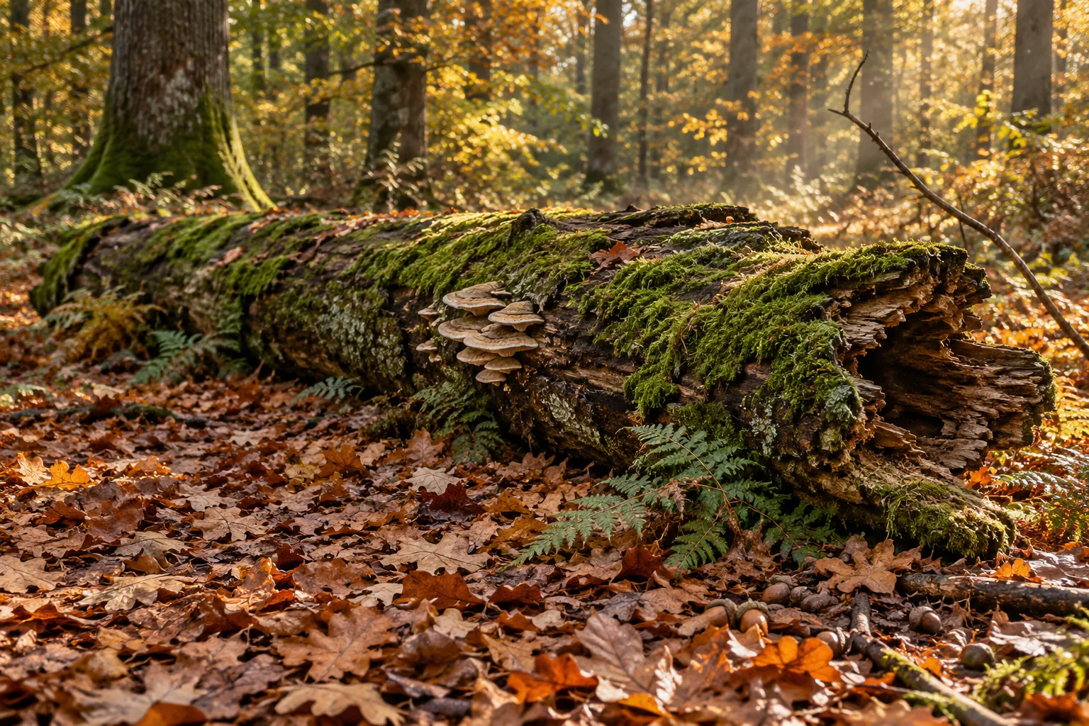 A fallen oak log thick with moss, lying across an autumn woodland floor of fallen leaves.