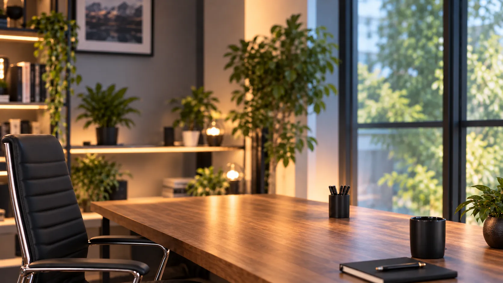 An empty home office: a leather chair at a long wooden desk with a mug, pens and a notebook, shelves and plants behind, and a window.
